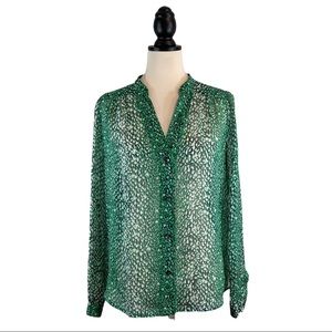 DVF Silk Blouse Harlow Green Heart Print Long Sleeve, Size 6